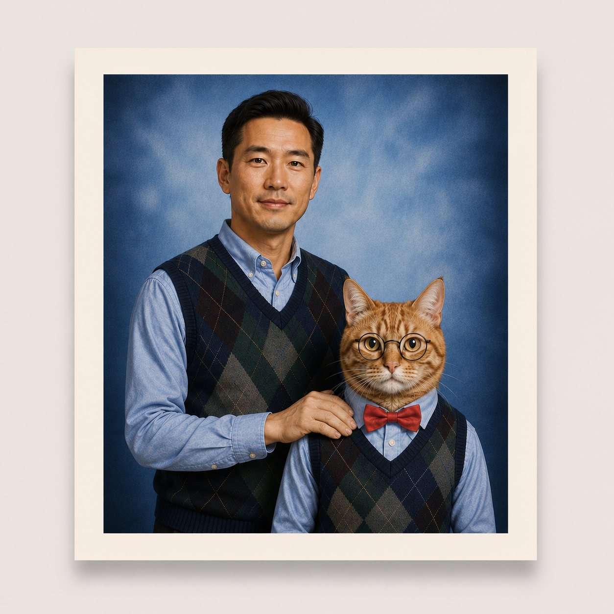 Man and cat wearing matching outfits with a blue background