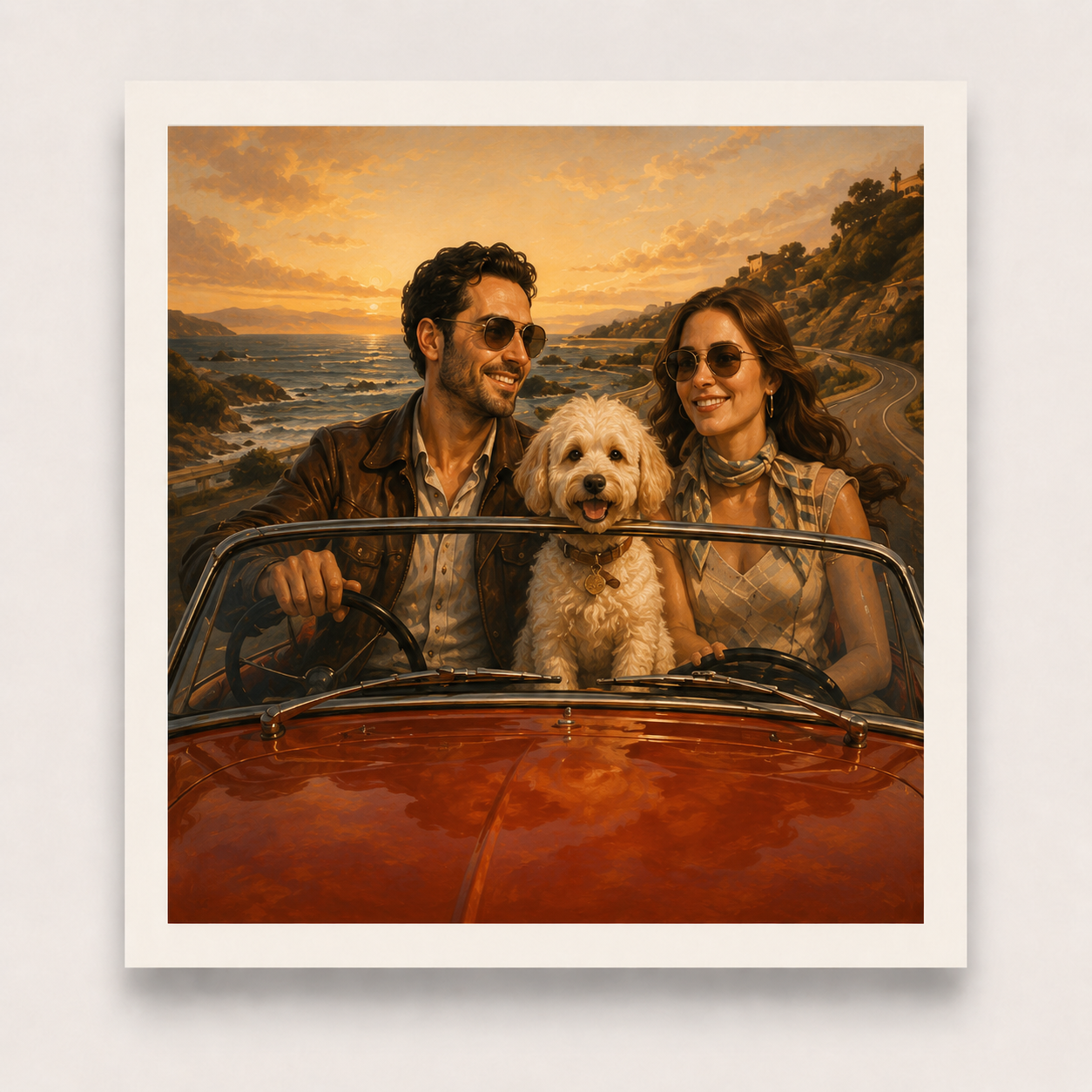 Couple with a dog in an open-top car on a scenic road.