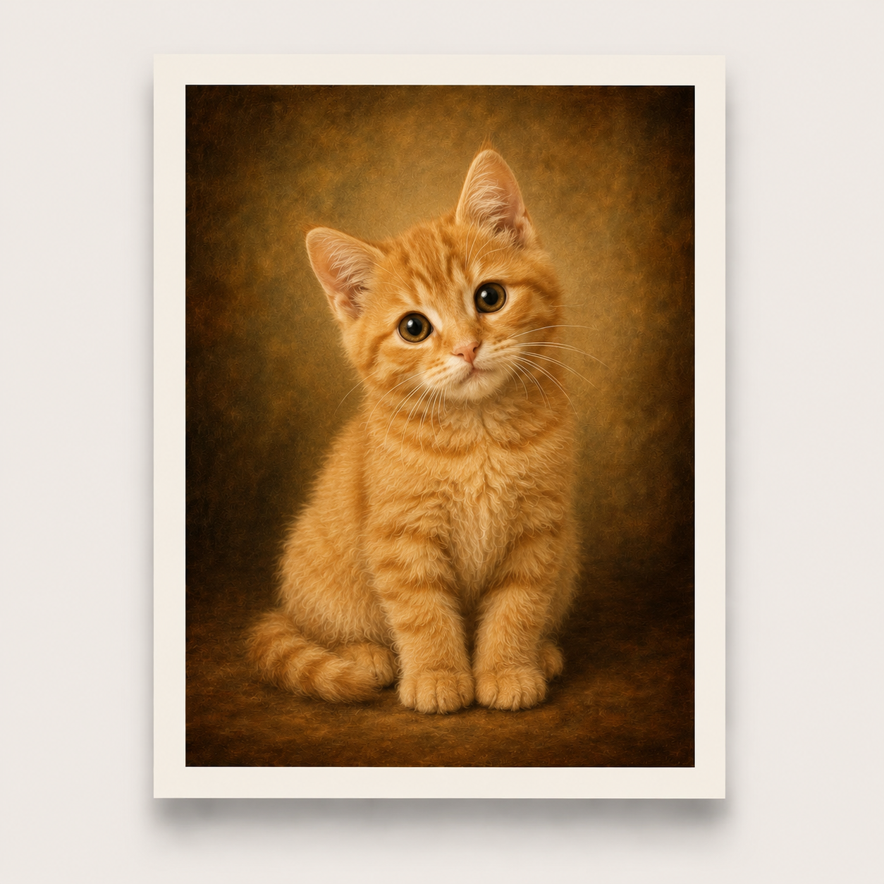 Framed portrait of a ginger kitten on a textured brown background