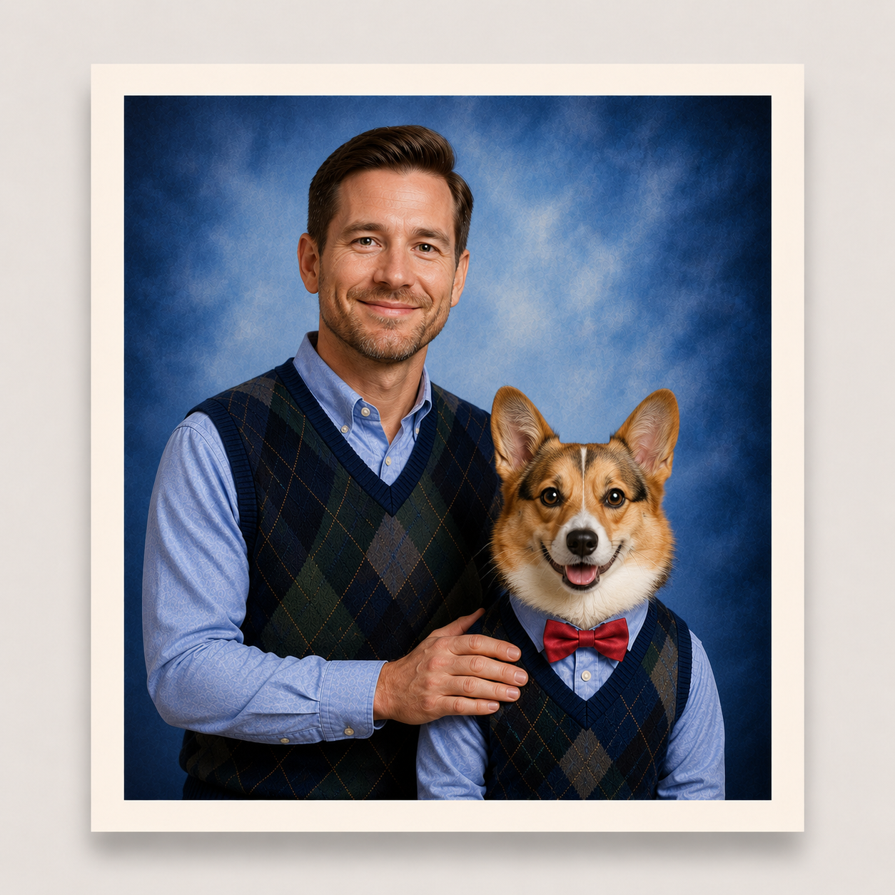 Man and dog wearing matching outfits against a blue background