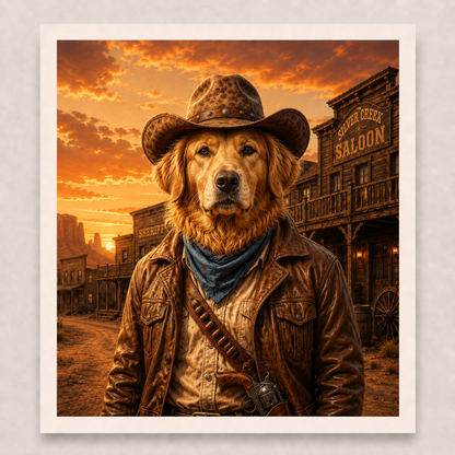 Dog wearing a cowboy hat and jacket in front of a western town backdrop with 'Silver Creek Saloon' sign.