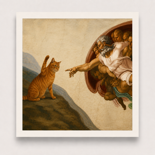 Framed artwork of a classical painting with a cat and a person reaching towards each other.