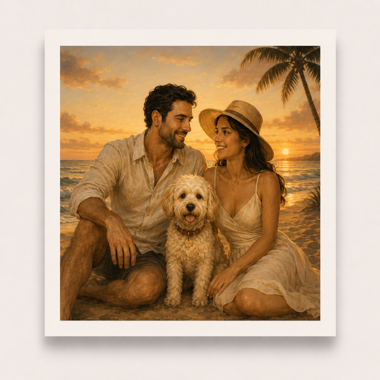 Couple with a dog on a beach at sunset