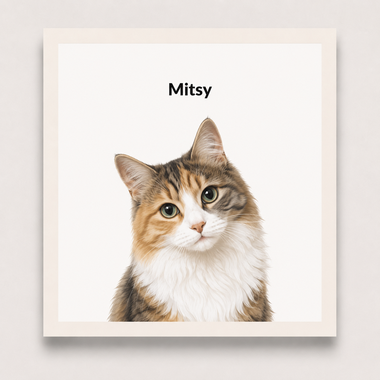 Framed portrait of a cat named Mitsy on a white background