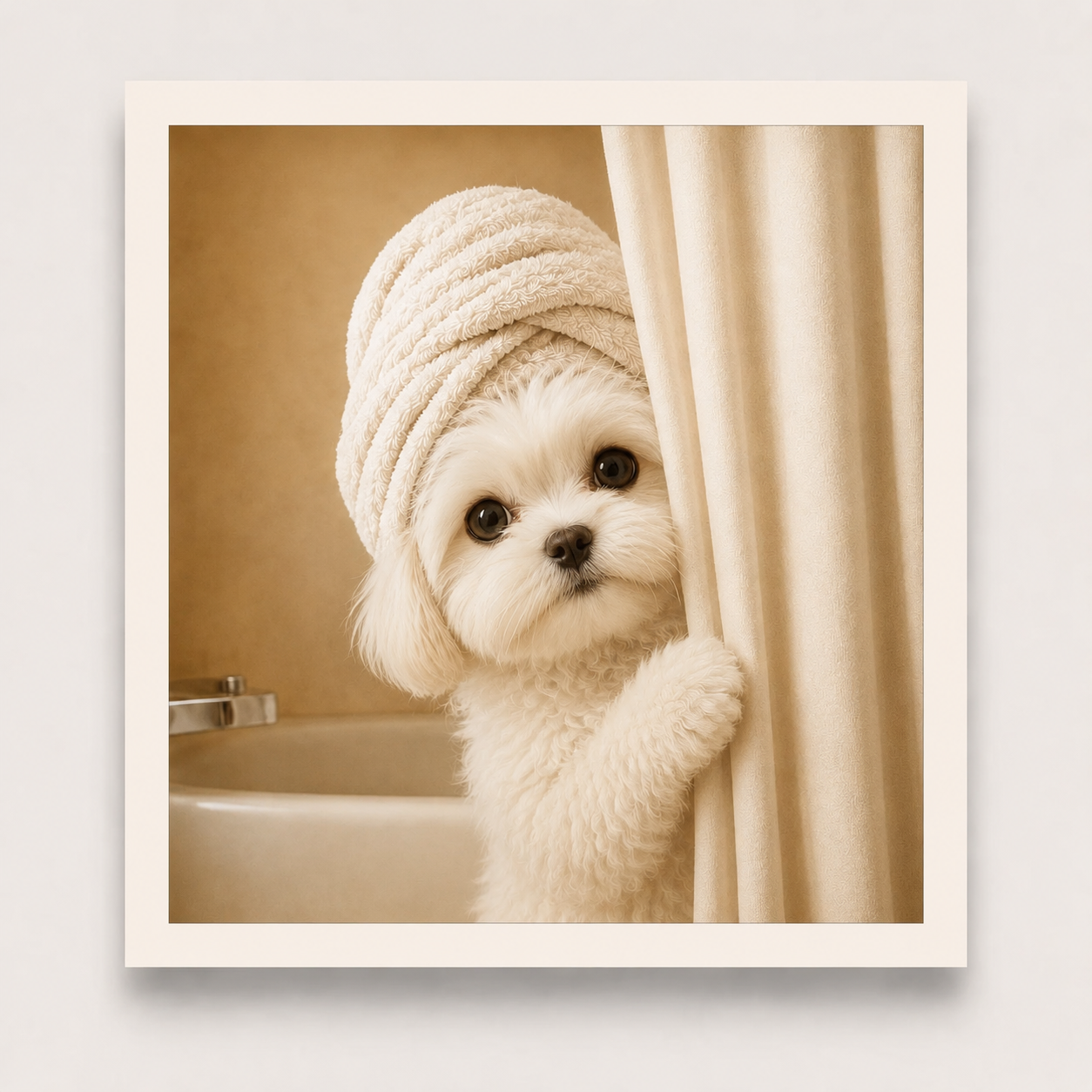 Small white dog with a towel wrapped around its head peeking from behind a curtain.