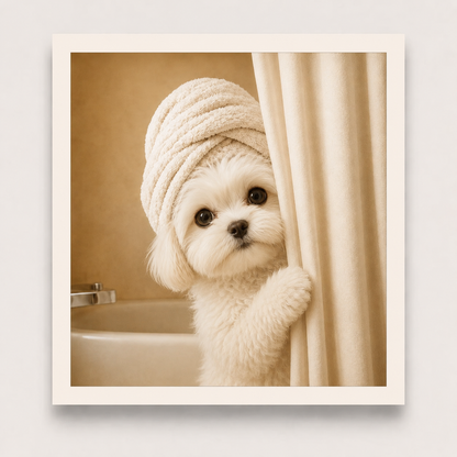 Small white dog with a towel wrapped around its head peeking from behind a curtain.