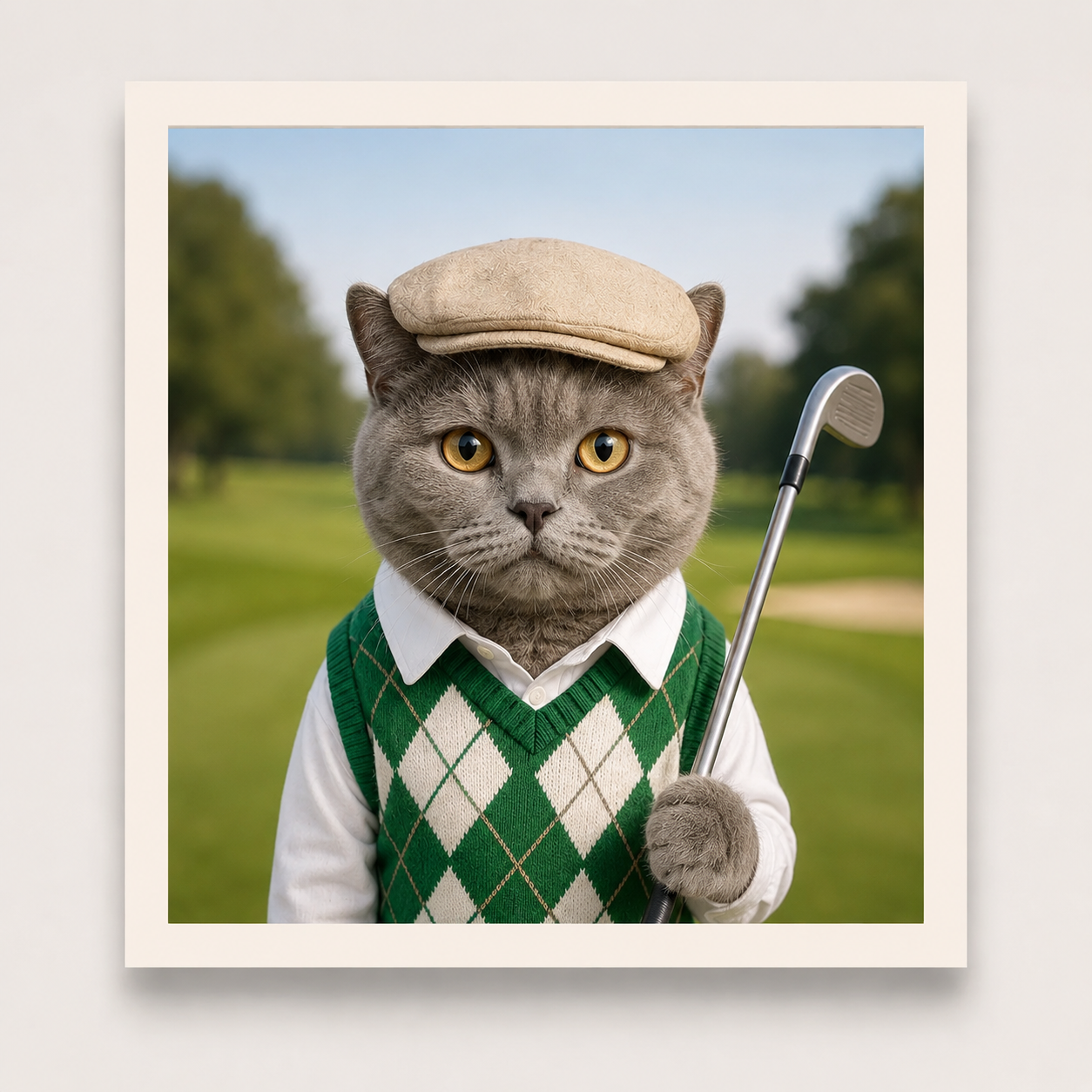 Cat dressed in golf attire holding a club on a golf course