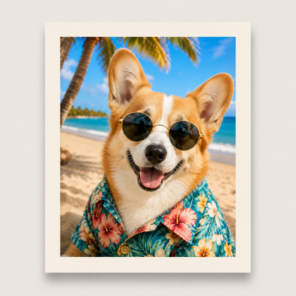 Dog wearing sunglasses and a floral shirt on a beach