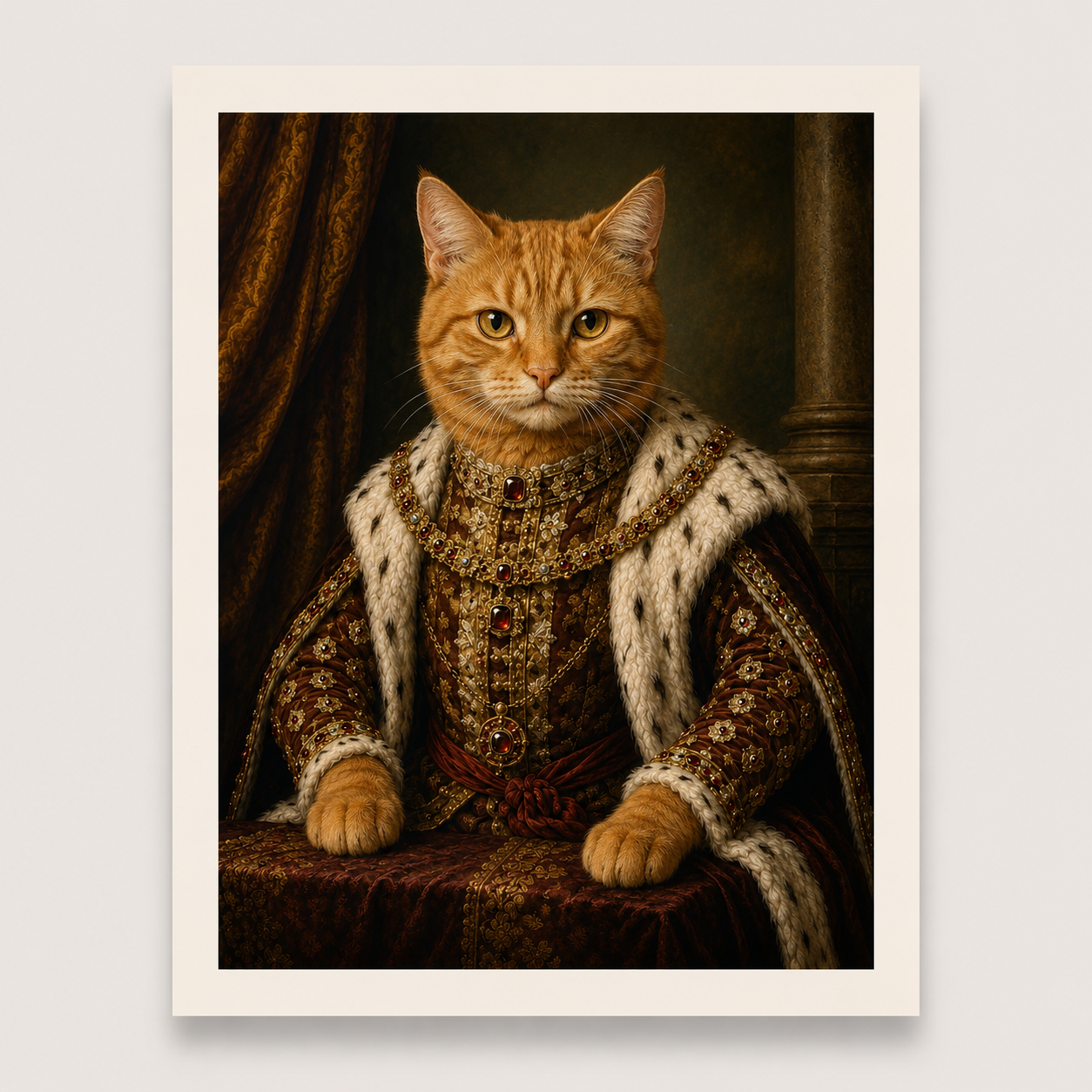 Cat in regal attire with a dark background