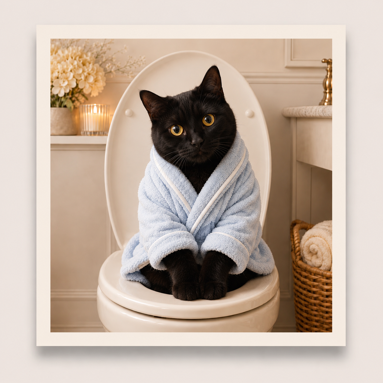 Black cat wrapped in a blue towel sitting on a toilet seat in a bathroom.