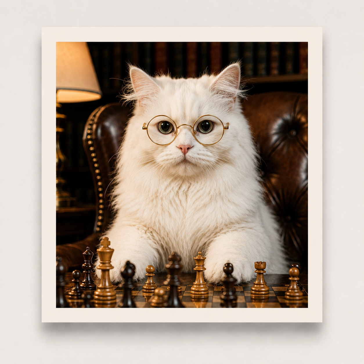 Cat wearing glasses sitting on a chessboard with chess pieces.
