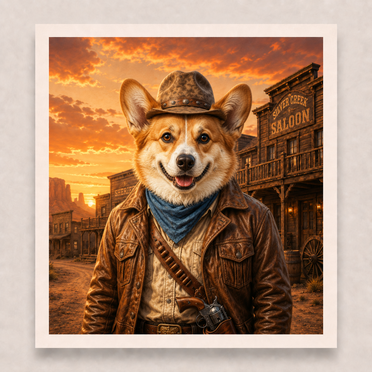 Dog in cowboy attire with a Western town backdrop
