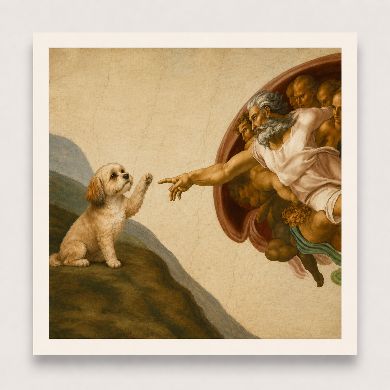 Surreal artwork of a classical figure reaching out to a dog, with a beige background