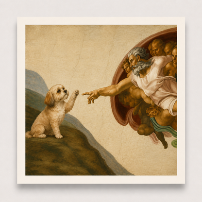 Surreal artwork of a classical figure reaching out to a dog, with a beige background