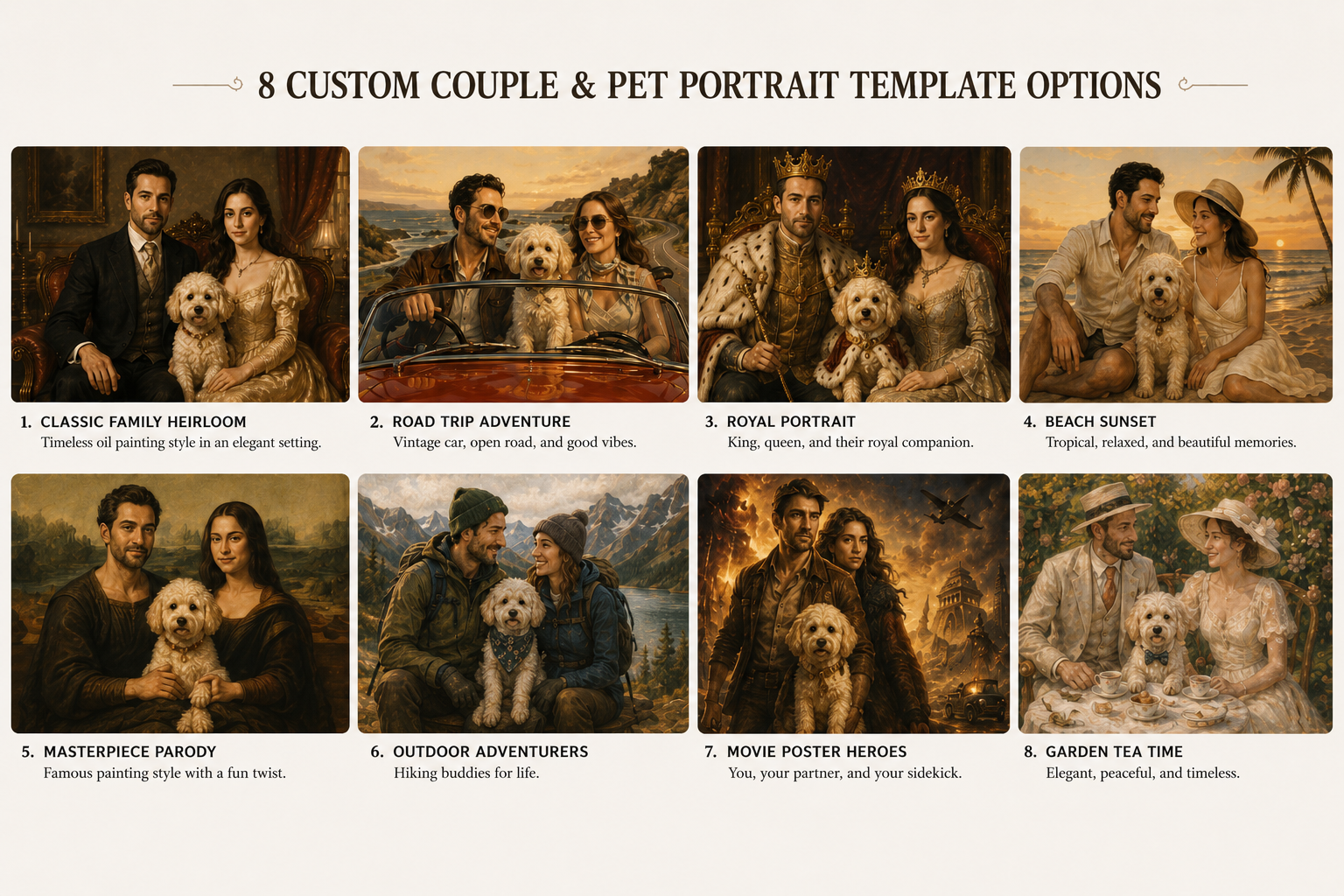 8 custom couple and pet portrait template options with various scenarios.